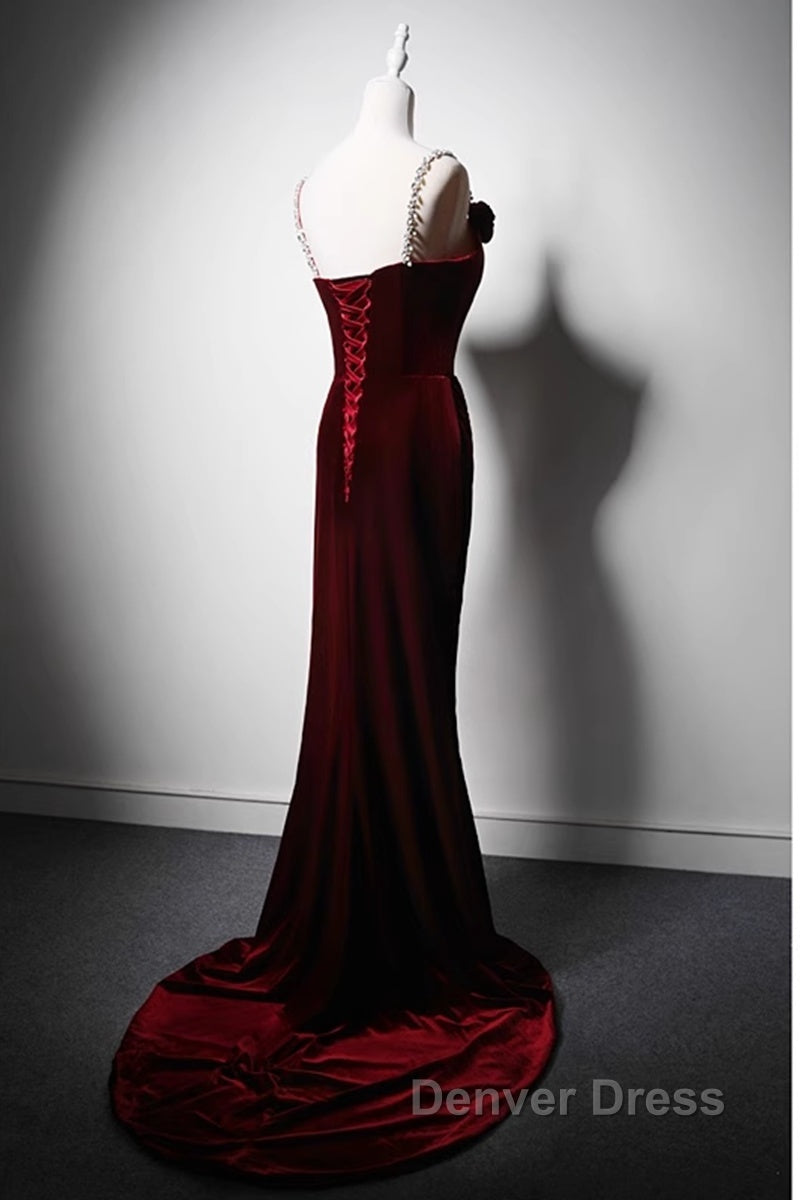 Wine Red Mermaid Straps Beaded Long Formal Dresses, Wine Red Evening Dresses Prom Dresses