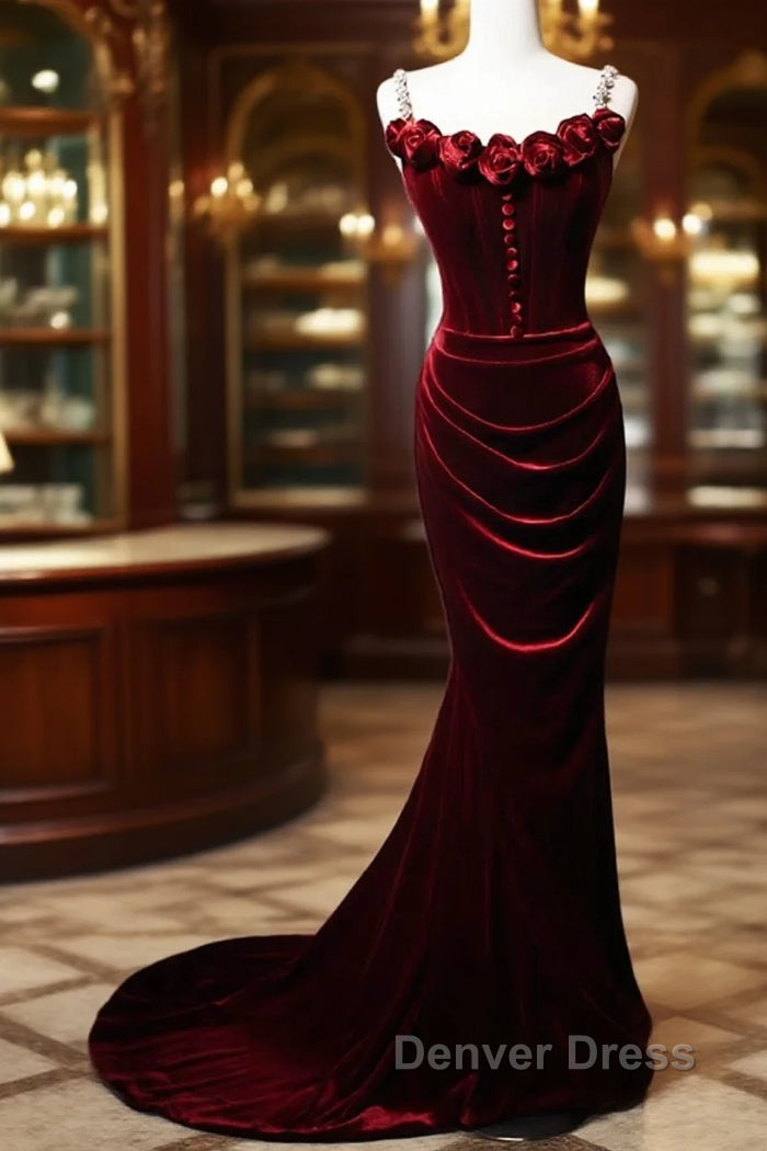Wine Red Mermaid Straps Beaded Long Formal Dresses, Wine Red Evening Dresses Prom Dresses Main image