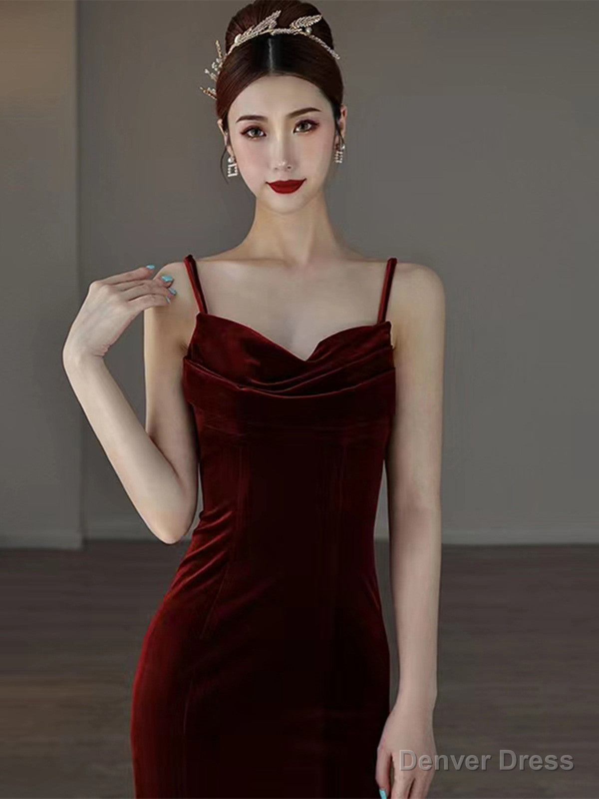 Wine Red Mermaid Straps Long Prom Dress, Wine Red Velvet Long Prom Dresses
