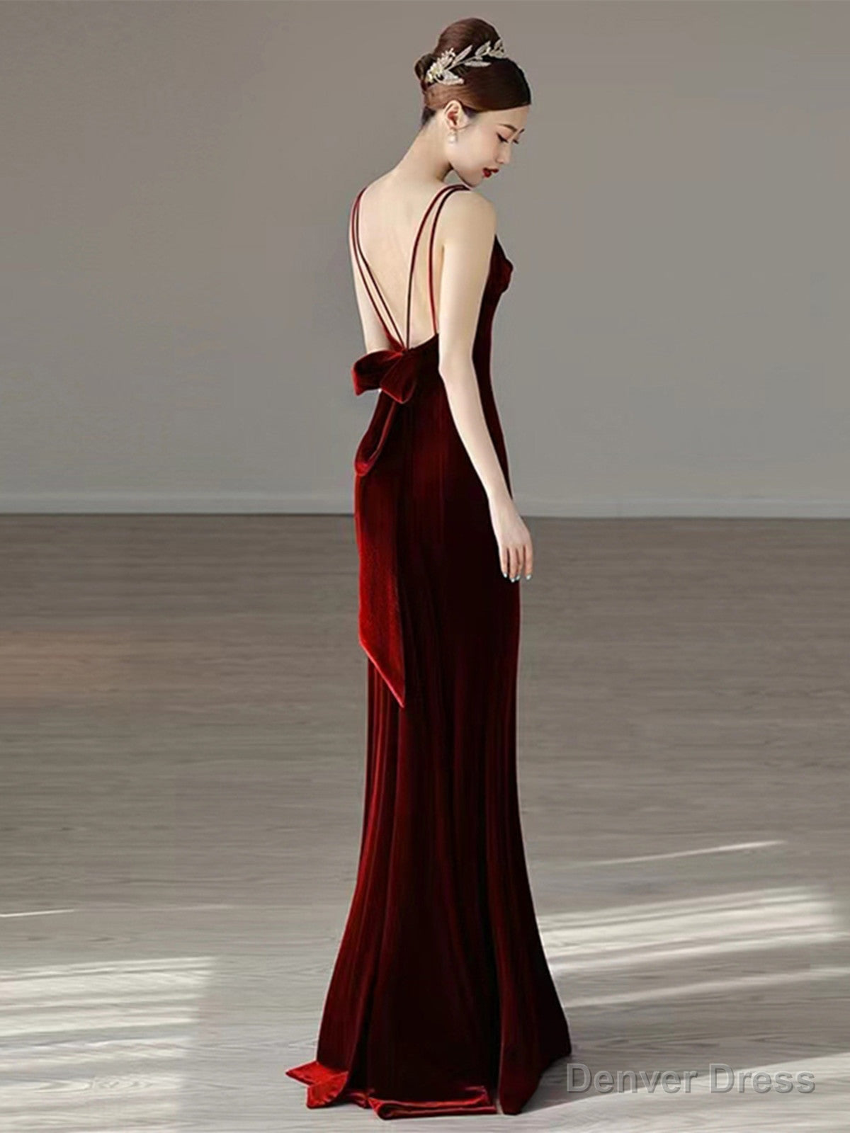 Wine Red Mermaid Straps Long Prom Dress, Wine Red Velvet Long Prom Dresses