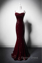 Wine Red Mermaid Straps Long Prom Dresses Party Dresses, Wine Red Sequins Evening Dresses