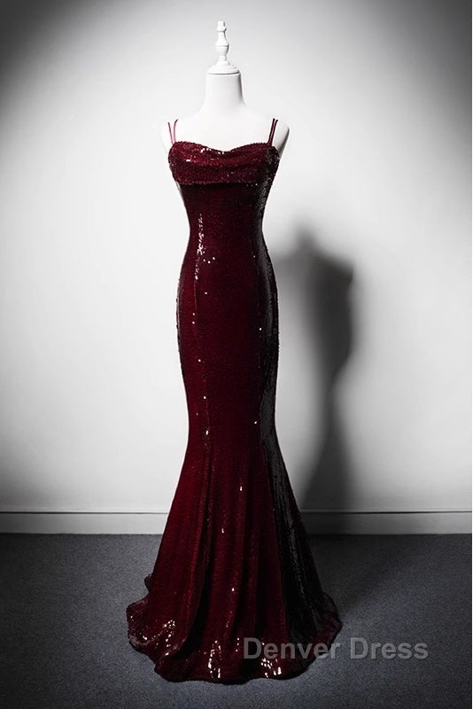 Wine Red Mermaid Straps Long Prom Dresses Party Dresses, Wine Red Sequins Evening Dresses