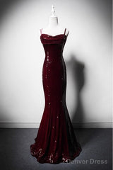 Wine Red Mermaid Straps Long Prom Dress Party Dress, Wine Red Sequins Evening Dress