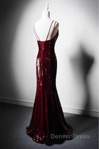 Wine Red Mermaid Straps Long Prom Dresses Party Dresses, Wine Red Sequins Evening Dresses