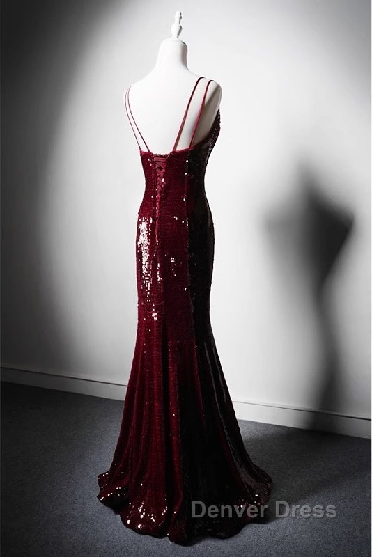 Wine Red Mermaid Straps Long Prom Dresses Party Dresses, Wine Red Sequins Evening Dresses