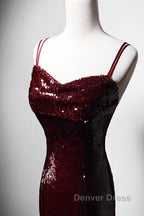 Wine Red Mermaid Straps Long Prom Dresses Party Dresses, Wine Red Sequins Evening Dresses