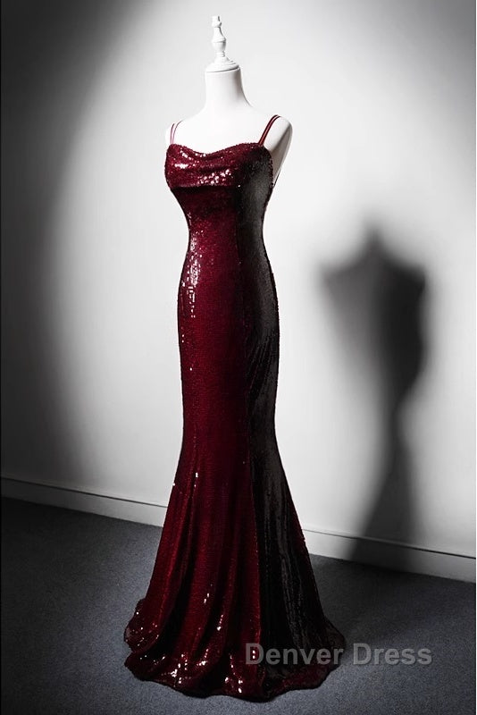 Wine Red Mermaid Straps Long Prom Dresses Party Dresses, Wine Red Sequins Evening Dresses