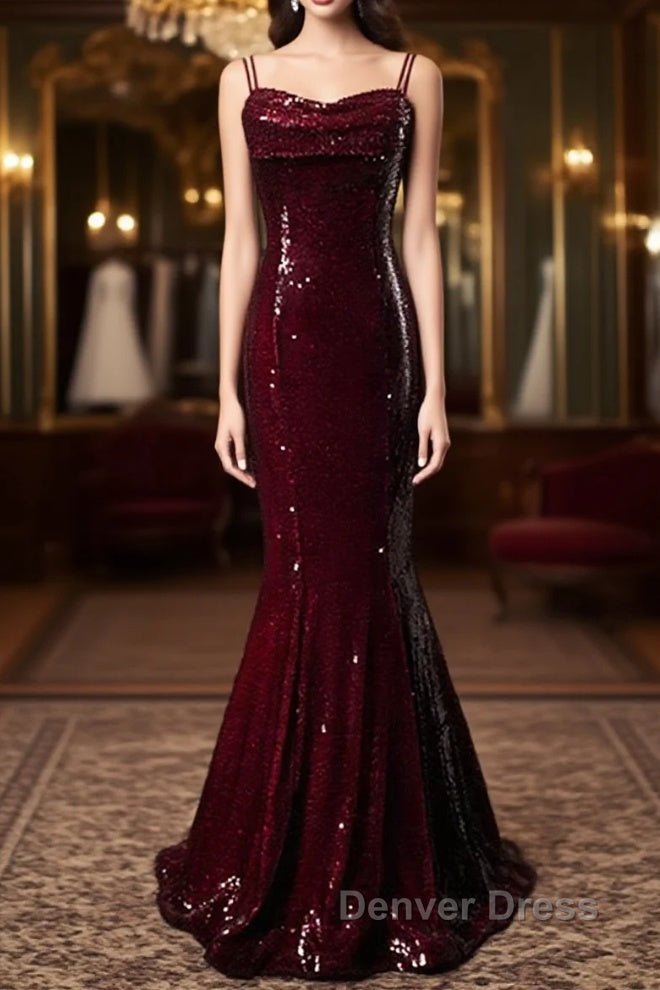 Wine Red Mermaid Straps Long Prom Dresses Party Dresses, Wine Red Sequins Evening Dresses Main image