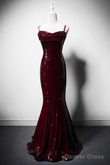 Wine Red Mermaid Straps Long Prom Dress Party Dress, Wine Red Sequins Evening Dress