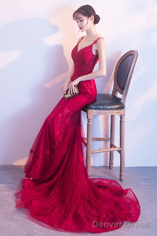 Wine Red Mermaid Tulle With Lace Applique Low Back Prom Dress, Dark Red Prom Dresses Secondary image