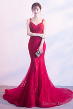 Wine Red Mermaid Tulle With Lace Applique Low Back Prom Dress, Dark Red Prom Dresses