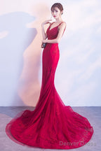 Wine Red Mermaid Tulle With Lace Applique Low Back Prom Dress, Dark Red Prom Dresses