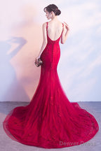 Wine Red Mermaid Tulle With Lace Applique Low Back Prom Dress, Dark Red Prom Dresses