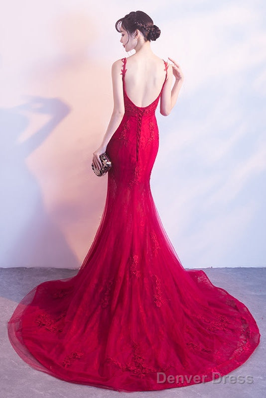 Wine Red Mermaid Tulle With Lace Applique Low Back Prom Dress, Dark Red Prom Dresses