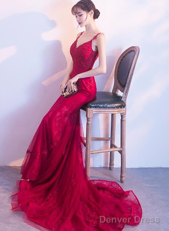 Wine Red Mermaid Tulle With Lace Applique Low Back Prom Dress, Dark Red Prom Dresses