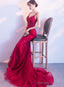 Wine Red Mermaid Tulle With Lace Applique Low Back Prom Dress, Dark Red Prom Dresses
