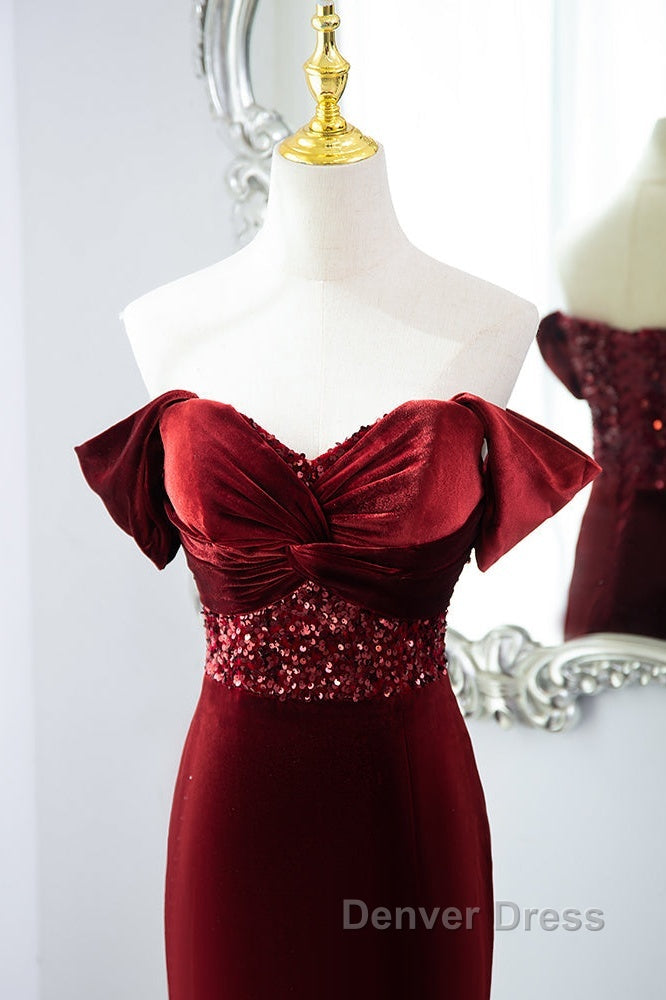 Wine Red Mermaid Velvet Long Party Dresses, Wine Red Prom Dresses Evening Dresses Secondary image