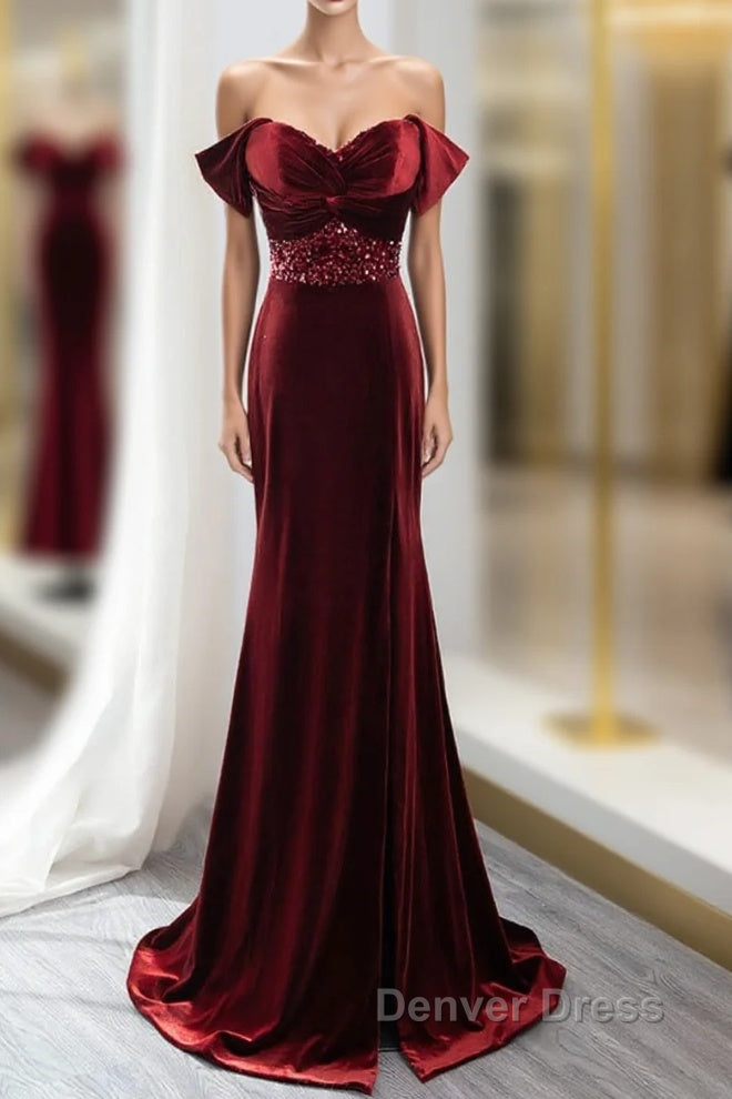 Wine Red Mermaid Velvet Long Party Dresses, Wine Red Prom Dresses Evening Dresses Main image