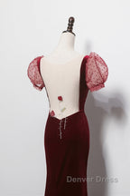 Wine Red Mermaid Velvet With Short Sleeves Prom Dress, Wine Red Prom Dresses