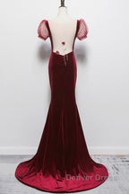Wine Red Mermaid Velvet With Short Sleeves Prom Dress, Wine Red Prom Dresses