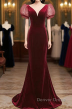 Wine Red Mermaid Velvet With Short Sleeves Prom Dress, Wine Red Prom Dresses