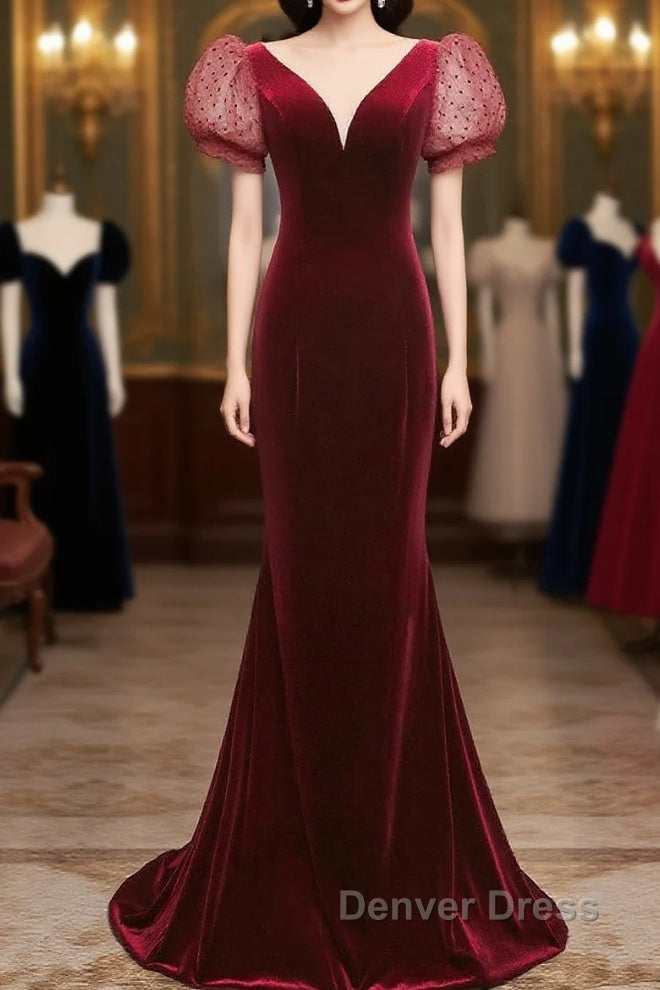 Wine Red Mermaid Velvet With Short Sleeves Prom Dress, Wine Red Prom Dresses