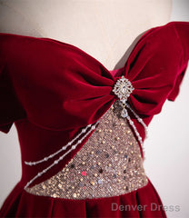 Wine Red Off Shoulder Beaded Long Velvet Party Dress, Wine Red Prom Dress