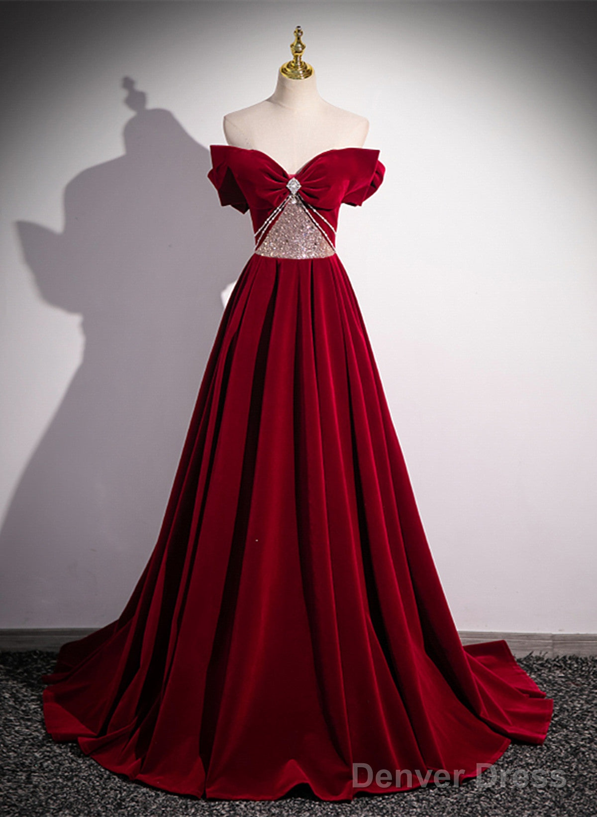 Wine Red Off Shoulder Beaded Long Velvet Party Dress, Wine Red Prom Dress Main image