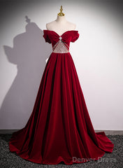 Wine Red Off Shoulder Beaded Long Velvet Party Dress, Wine Red Prom Dress
