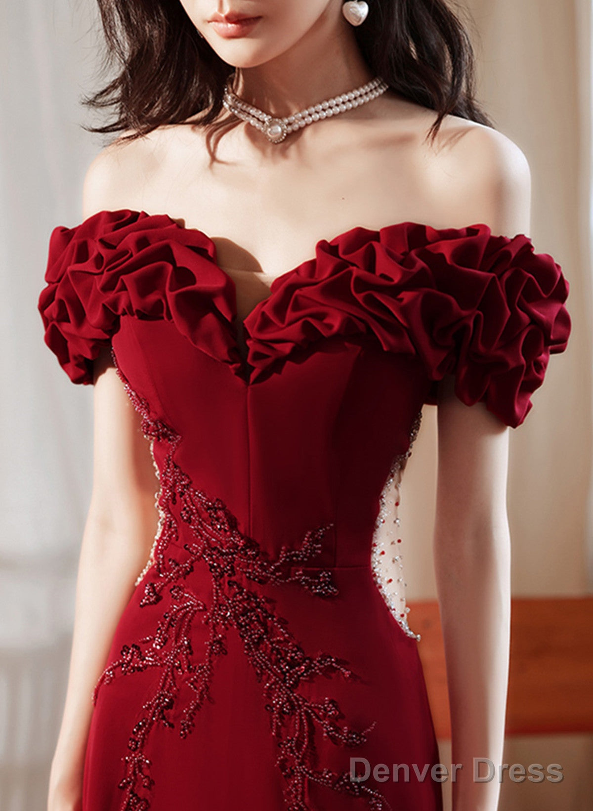 Wine Red Off Shoulder Beaded Mermaid Long Formal Dress, Wine Red Long Prom Dress Secondary image