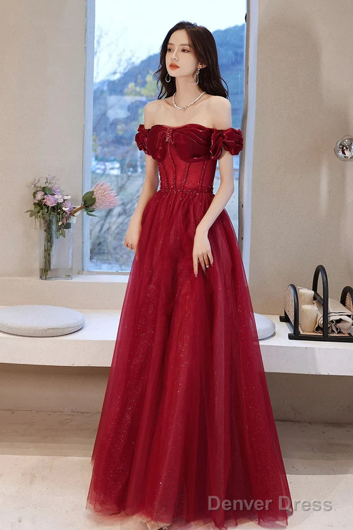 Wine Red Off Shoulder Beaded Sweetheart Long Party Dress, A-Line Prom Dress Secondary image