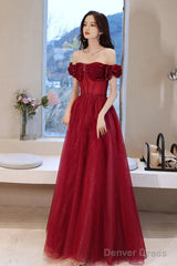 Wine Red Off Shoulder Beaded Sweetheart Long Party Dress, A-Line Prom Dress