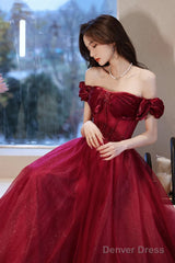 Wine Red Off Shoulder Beaded Sweetheart Long Party Dress, A-Line Prom Dress