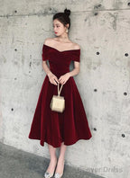 Wine Red Off Shoulder Chic Sweetheart Tea Length Prom Dress,Velvet Prom Dresses