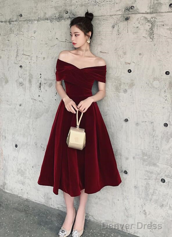 Wine Red Off Shoulder Chic Sweetheart Tea Length Prom Dress,Velvet Prom Dresses