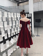Wine Red Off Shoulder Chic Sweetheart Tea Length Prom Dress,Velvet Prom Dresses