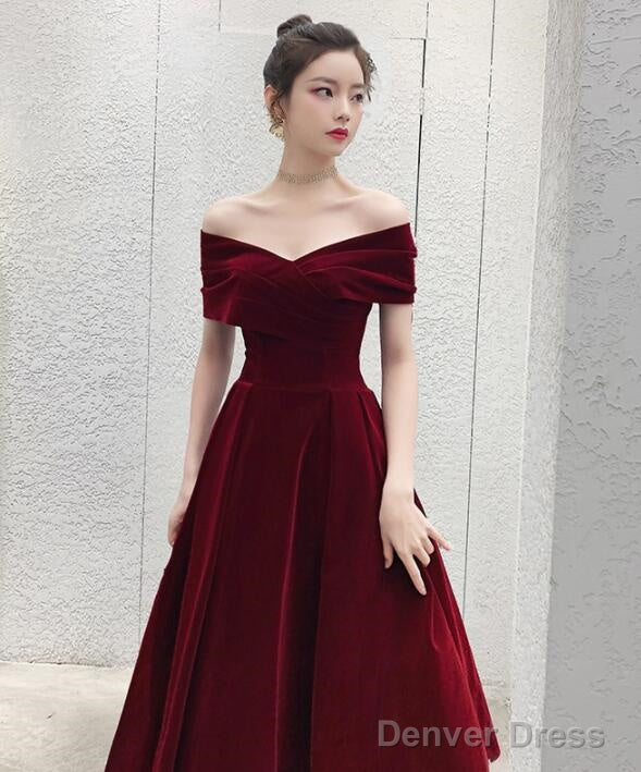 Wine Red Off Shoulder Chic Sweetheart Tea Length Prom Dress,Velvet Prom Dresses