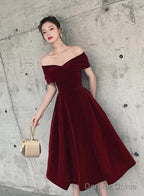 Wine Red Off Shoulder Chic Sweetheart Tea Length Prom Dress,Velvet Prom Dresses
