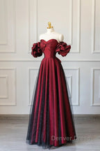 Wine Red Off Shoulder Long Formal Dresses, Sweetheart Wine Red Formal Dresses