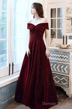 Wine Red Off Shoulder Prom Dress, Long Elegant Bridal Gown Sparkly Velvet Party Dress