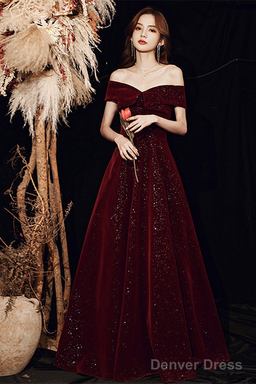 Wine Red Off Shoulder Prom Dress, Long Elegant Bridal Gown Sparkly Velvet Party Dress Main image