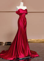 Wine Red Off Shoulder Satin Long Prom Dress, Wine Red Prom Dresses