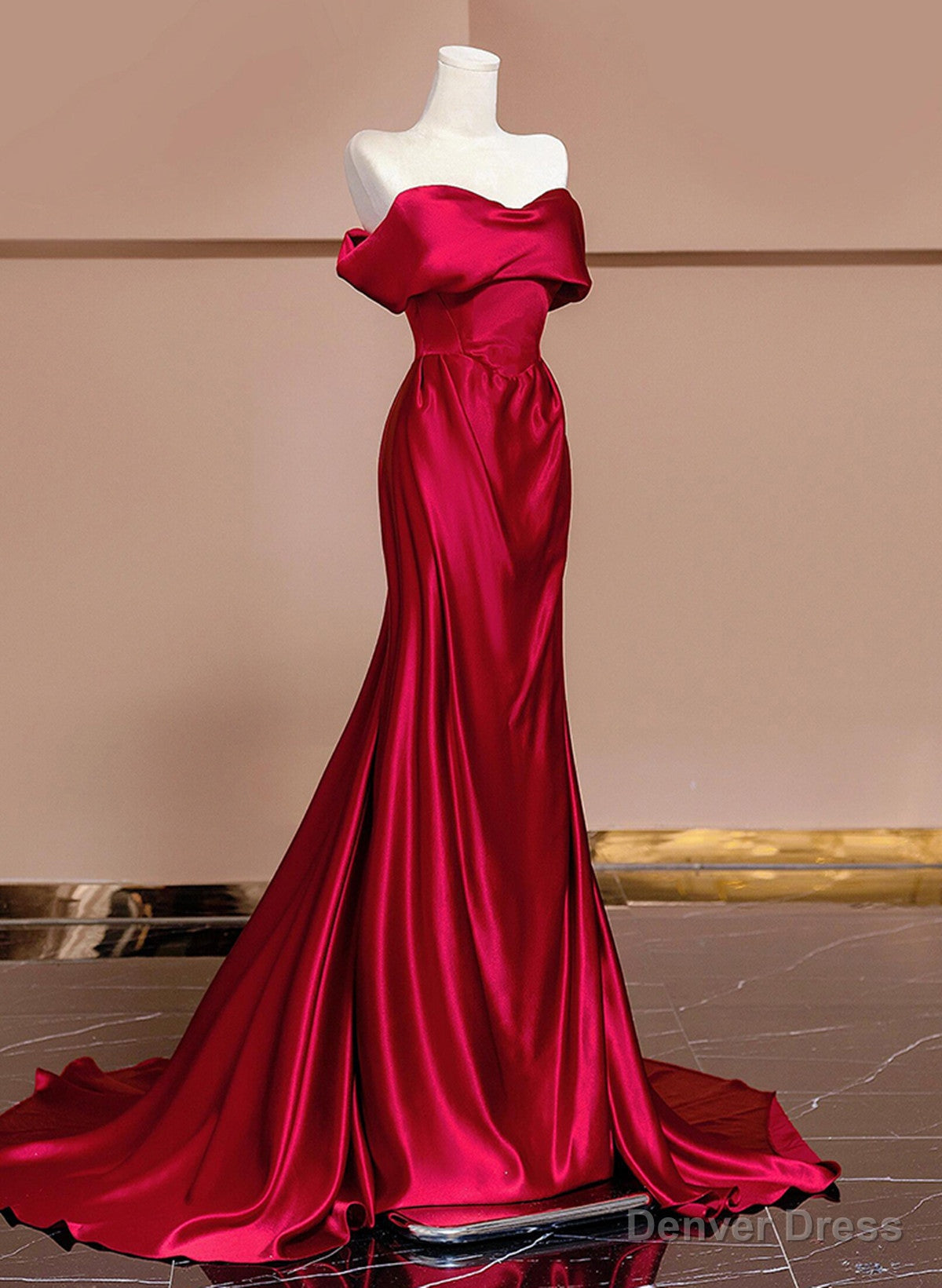 Wine Red Off Shoulder Satin Long Prom Dress, Wine Red Prom Dresses