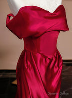 Wine Red Off Shoulder Satin Long Prom Dress, Wine Red Prom Dresses
