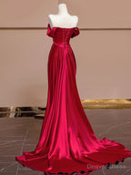 Wine Red Off Shoulder Satin Long Prom Dress, Wine Red Prom Dresses