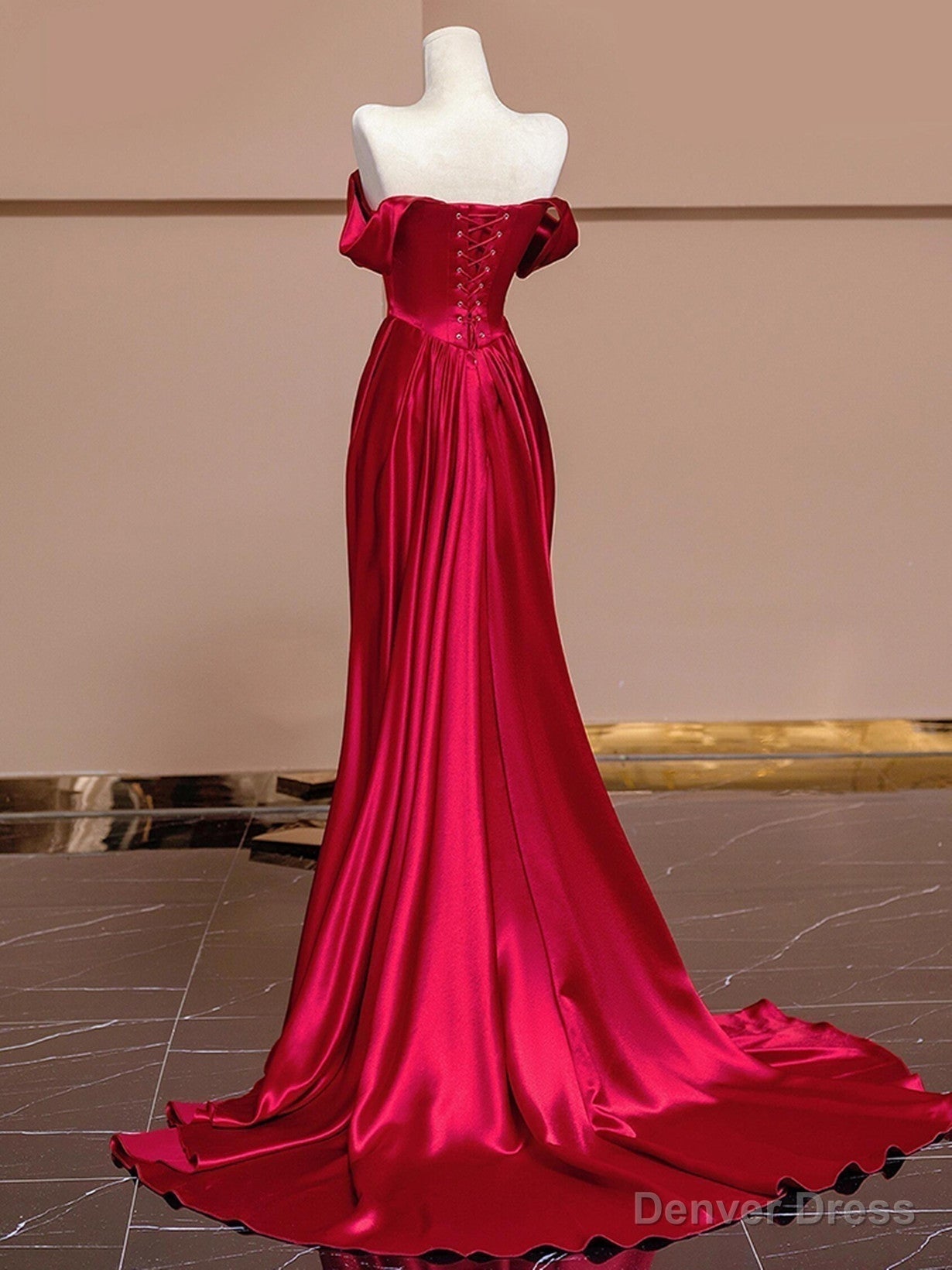 Wine Red Off Shoulder Satin Long Prom Dress, Wine Red Prom Dresses