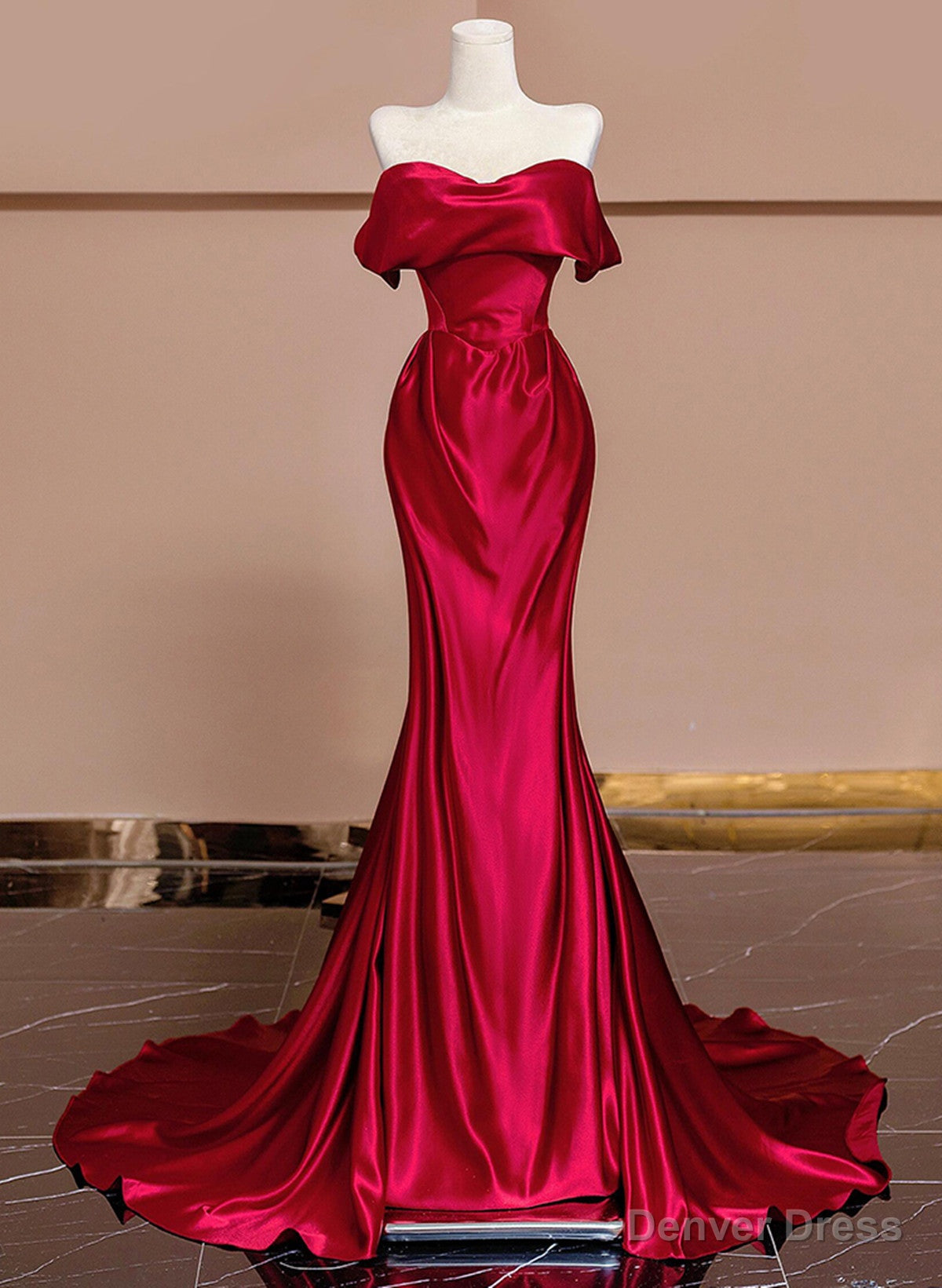 Wine Red Off Shoulder Satin Long Prom Dress, Wine Red Prom Dresses