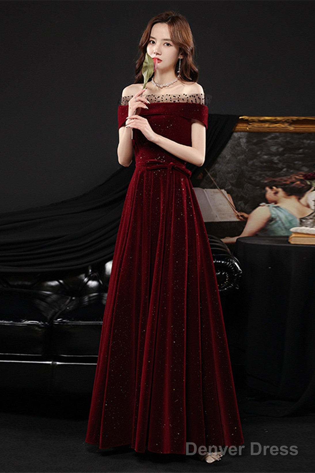 Wine Red Off Shoulder Simple Scoop Long Party Dress, Wine Red Evening Dress