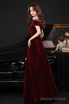Wine Red Off Shoulder Simple Scoop Long Party Dress, Wine Red Evening Dress