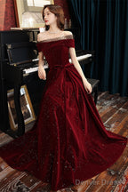 Wine Red Off Shoulder Simple Scoop Long Party Dress, Wine Red Evening Dress